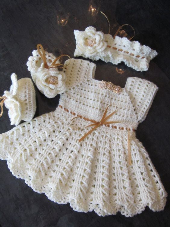 Handmade crochet baby girl white dress set with floral headband and booties in cream and gold