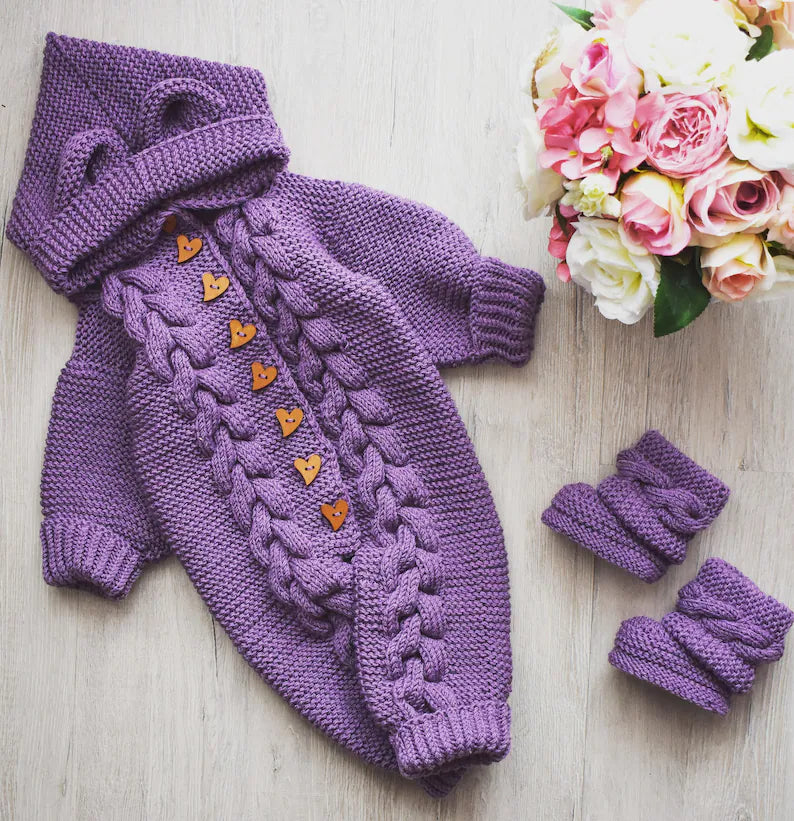 Handmade crochet baby hooded romper and booties set in purple with bear ear detail