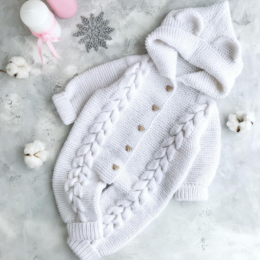 Handmade crochet baby hooded romper in white with bear ear detail