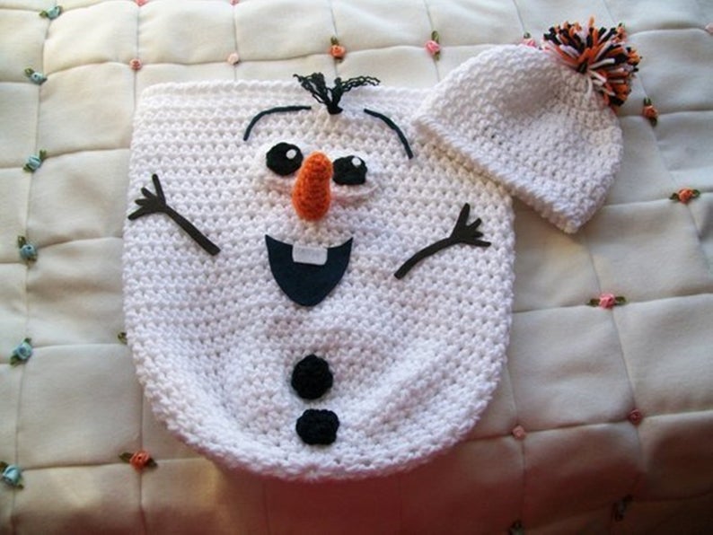Handmade crochet baby snowman cocoon set in white with pom pom hat