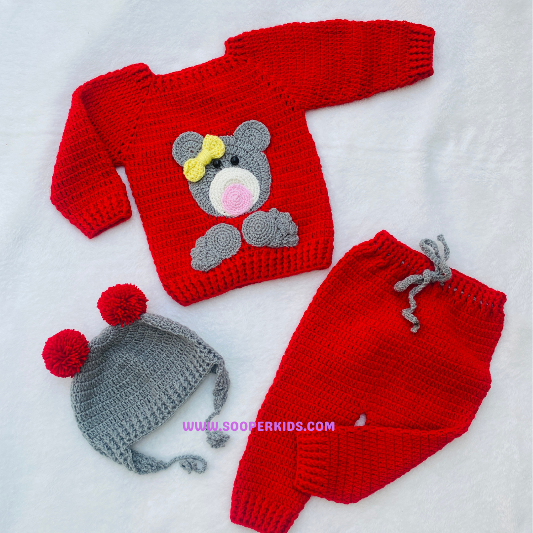 Handmade crochet baby teddy bear sweater set with pants and hat in red and grey