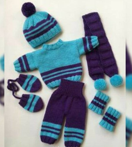 Handmade crochet baby winter sweater set in teal and purple including sweater, pants, hat, scarf, mittens and booties