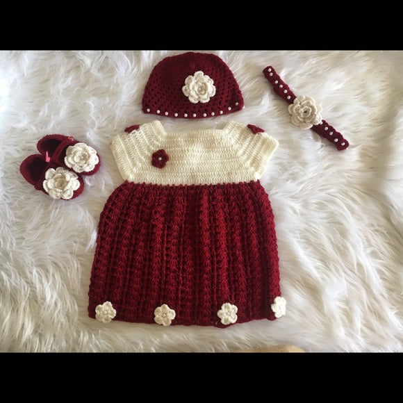 Handmade crochet baby girl red and white dress set