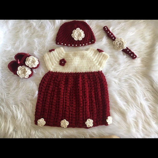 Handmade crochet baby girl red and white dress set